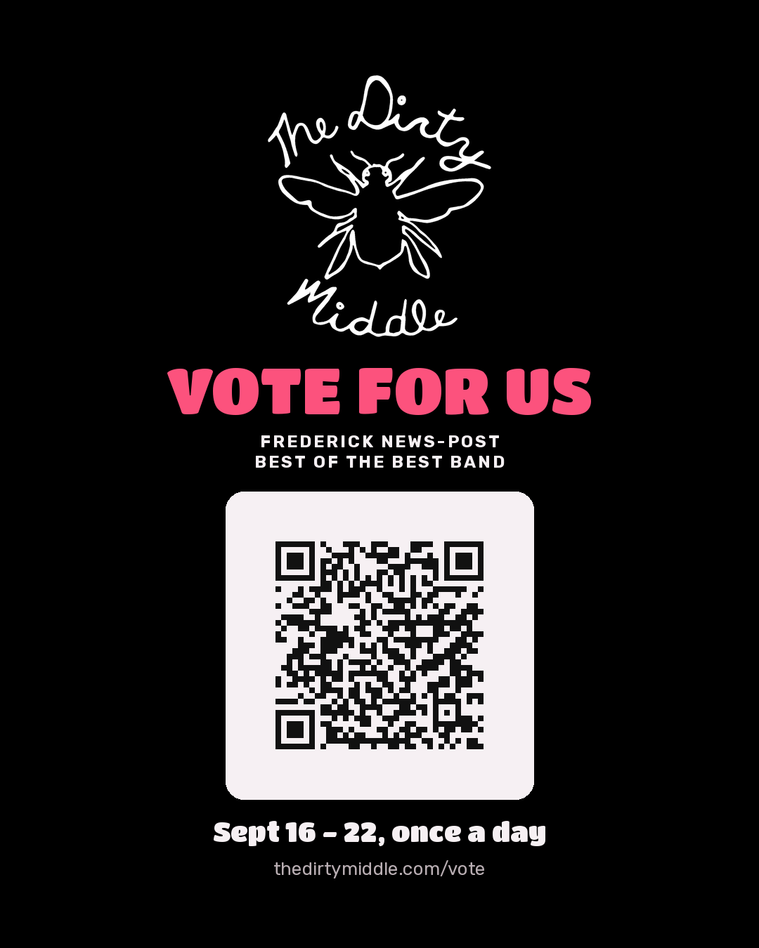 Share card: the Dirty Middle bee logo in white on black, Vote For Us, and a QR code
